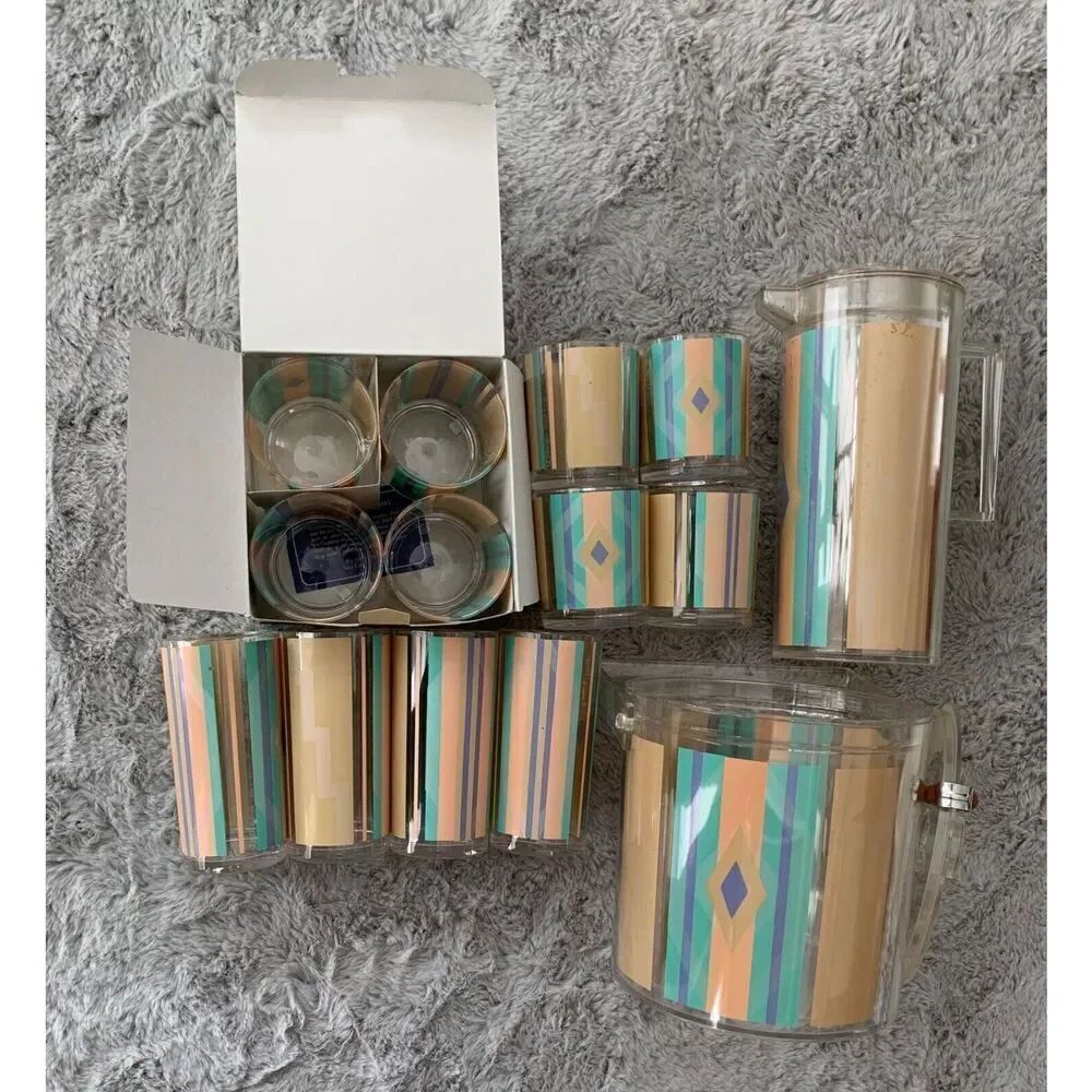 Stotter VINTAGE MCM 1970s plastic Pitcher Ice Bucket Glasses Cups LOT 14 pc. SET